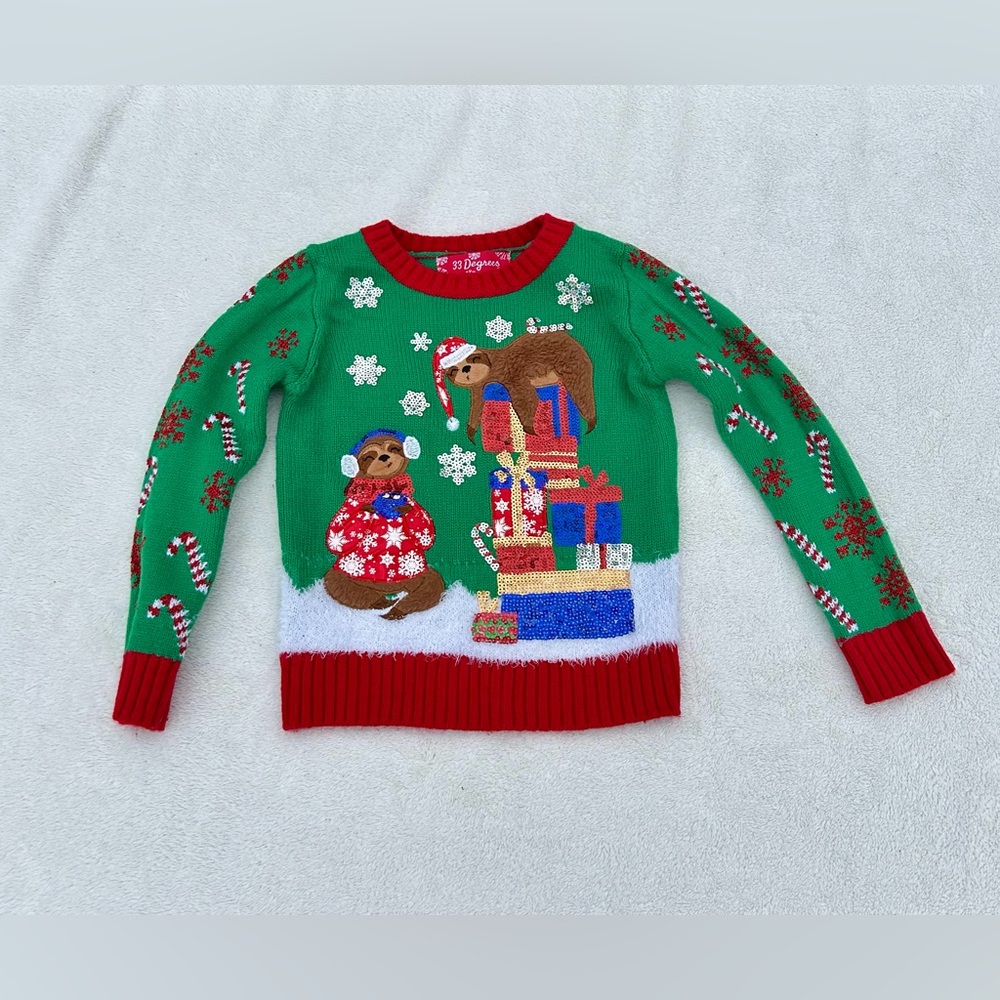 33 Degrees Sweater Christmas Kids Knit ugly  Sloth Sequin Holiday Sz. 6x